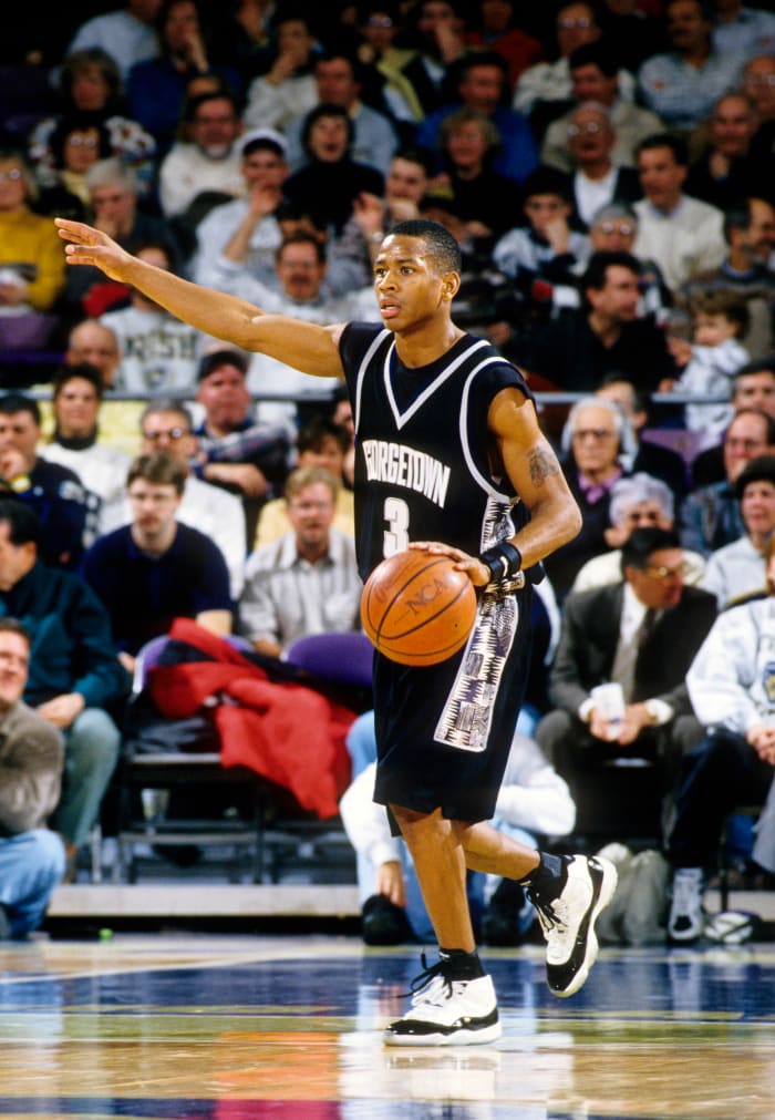 Georgetown Hoyas guard Allen Iverson dribbles the basketball.